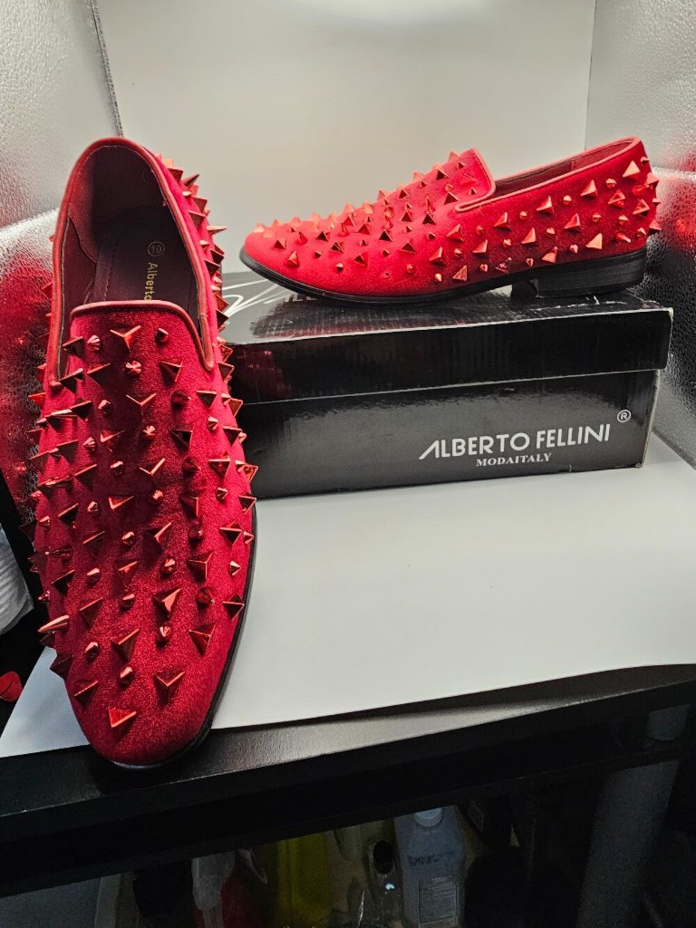 Alberto Fellini “Sparko 09” Red Spiked Loafers, Tuxedo Slip‑On, Mens Size 10